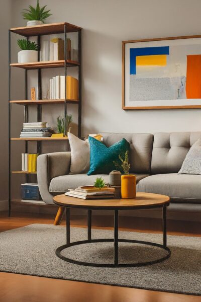 Create a cozy, inviting living room scene in a rental home. Include stylish furniture that reflects a modern aesthetic, organized shelves with decorative items, and warm lighting. Showcase a balance between functionality and decor, emphasizing simple yet effective design choices that transform the space.